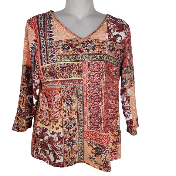 Chicos Top Womens Size 0 Small Paisley Floral V Neck Stretchy Peach Maze Boho - Picture 1 of 8